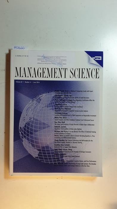 Diverse  Management science : journal of the Institute for Operations Research and the Management Sciences. Vol. 62, Nr. 6., 2016 