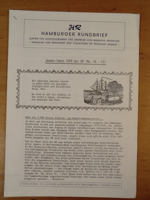 Lochner, R. K. (Hrsg.)  Hamburger Rundbrief. Blätter für Schiffsliebhaber und Sammler von Miniatur-Modellen. Jahres-Index 1978 des HR (Nr. 46 - 51) 