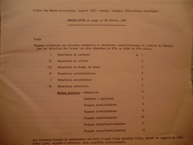 o.A.  Corpus des Emaux meridionaux. Rapport 1965 - Annexe. Limoges, Bibliotheque municipale. Nomenclature en usage au 28 fevirer 1966 