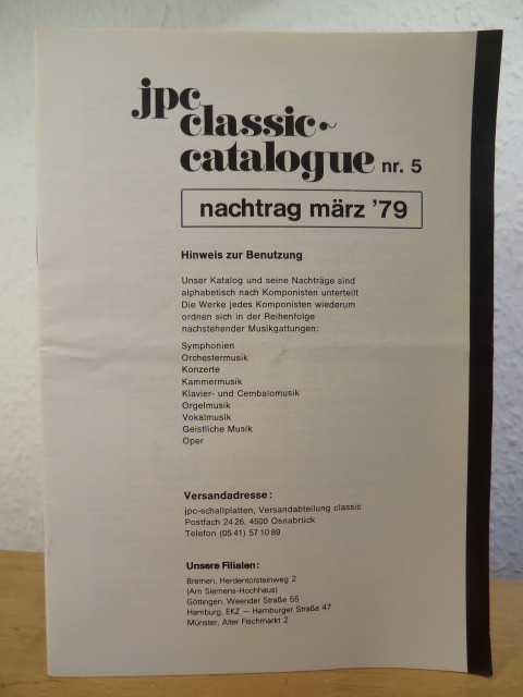 Jpc-Schallplatten - Versandabteilung Classic  Jpc Classic-Catalogue Nr. 5 - Nachtrag März 1979 