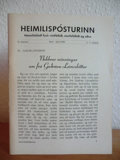 Sigurbjörnsson, Gísli (Útgefandi)  Heimilisposturinn. Heimilisblað fyrir vistfolkið, starfsfolkið og aðra. 16. argangur, Mars - April 1980, 4. - 5. tölublað 