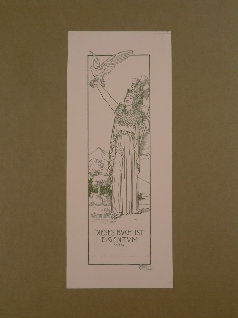 Dasio, Maximilian:  Exlibris. Motiv: Frauengestalt mit Falke auf dem Arm 