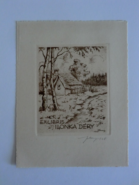 Fleissig, Vitezlav [auch Viktor]:  Exlibris für Ilonka Déry. Landschaft mit Haus und Birken. Radierung. Signiert 