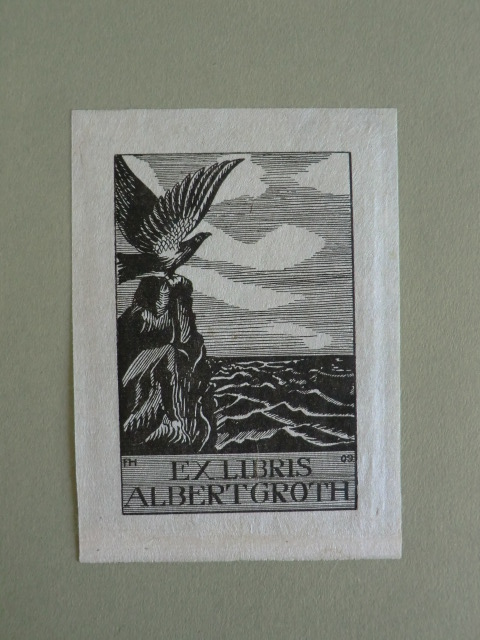 Häffcke, Friedrich:  Exlibris für Albert Groth. Motiv: Greifvogel auf Felsen am Meer 