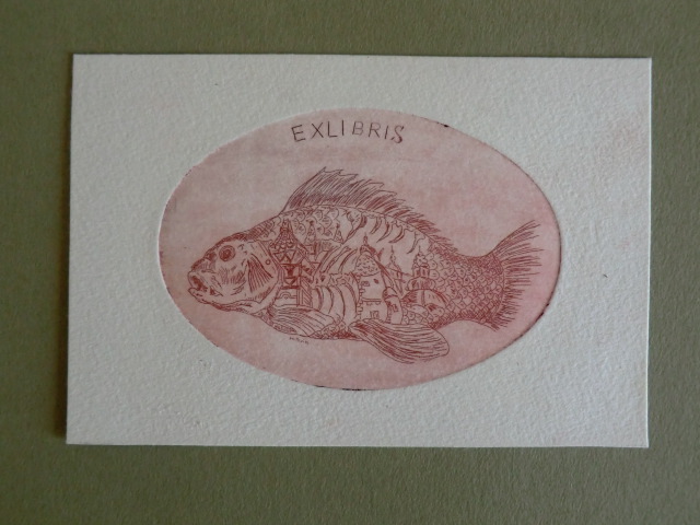 Prein, W.:  Exlibris. Motiv: Fisch [vor Einfügung des Namens W.F. Caspari (Hamburg) und dem Wappen von Hamburg und Sachsen] 