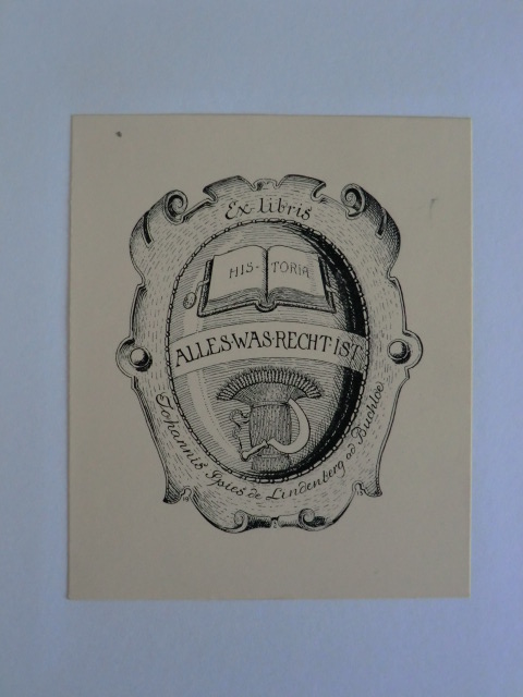 Zirngibl, Johannes A.:  Exlibris für Johannis Spies de Lindenberg ad Buchloe. Motiv: Wappen mit Buch, Kornbund und Sichel 