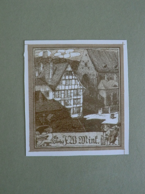 Unbekannter Künstler:  Exlibris für J. W. Mink. Motiv: Häuser, unten zwei musizierende Putten 