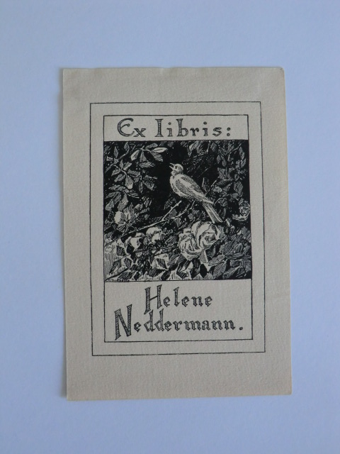 Unbekannter Künstler:  Exlibris für Helene Neddermann. Motiv: Vogel auf Rosenstrauch 