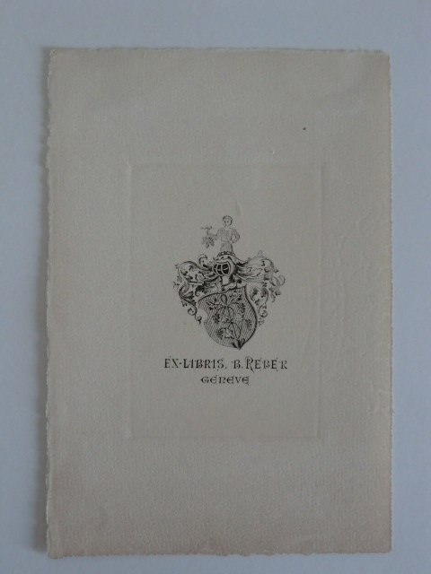 Unbekannter Künstler:  Exlibris B. Reber, Genève. Wappen mit Ritterhelm und Jüngling, der Weinreben in der Hand hält 
