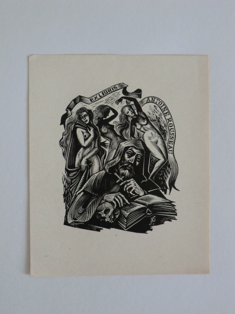 Jaegher, Luc de:  Erotisches Exlibris für Antoine Rousseau. Motiv: Mönch vor drei weiblichen Akten 