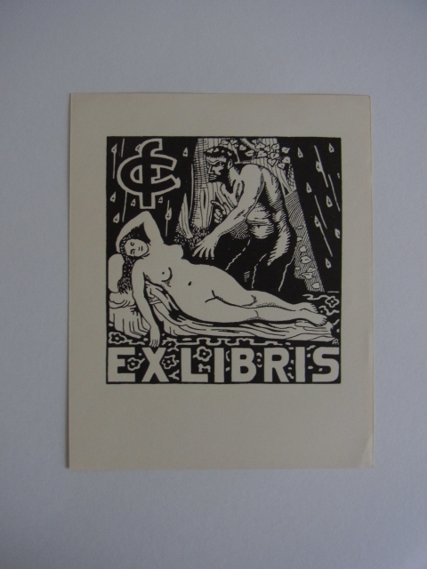 Unbekannter Künstler, monogrammiert mit AR:  Erotisches Exlibris CF oder FC. Motiv: Akt-Paar - sie schlafend, er sich anschleichend 