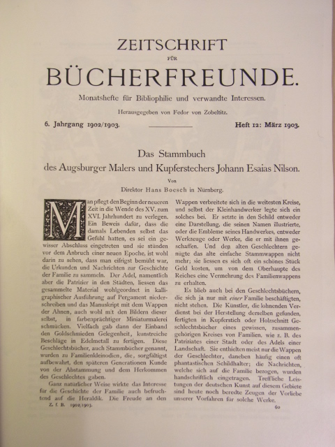 Boesch, Hans:  Das Stammbuch des Augsburger Malers und Kupferstechers Johann Esaias Nilson. Fotokopie aus Zeitschrift der Bücherfreunde 