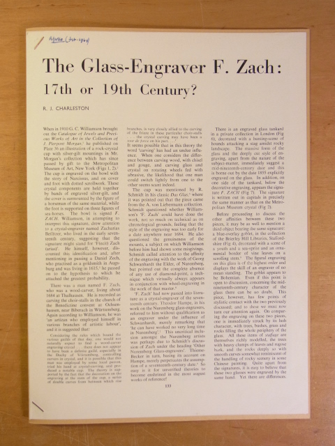 Charleston, Robert J.:  The Glass-Engraver F. Zach: 17th or 19th Century? Reprint from Apollo Magazine, Issue February 1964 