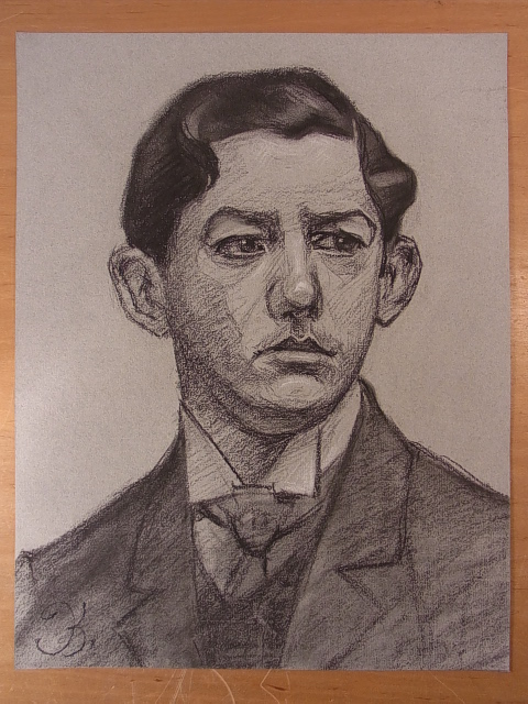 Kalous, Josef (1887 - 1974):  Josef Kalous. Männliches Porträt (eventuell Selbstporträt). Zeichnung. Kohle und weiße Kreide auf Papier. Signiert 