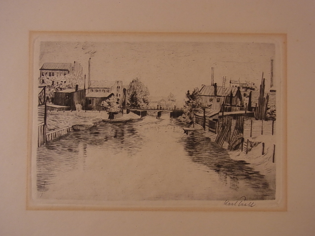 Prahl, Karl (1882 - 1948):  Karl Prahl. Original-Radierung. Kleiner Fluss mit Brücke. Signiert 