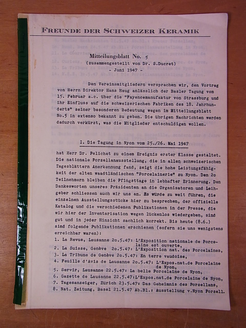 Ducret, Dr. Siegfried (Zusammenstellung):  Freunde der Schweizer Keramik. Mitteilungsblatt No. 5, Juni 1947 