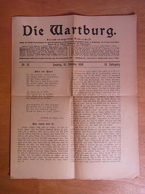 Hochstetter, Pfarrer Lic. Frd. und Pfarrer Otto Riedel (Schriftleiter):  Die Wartburg. Deutsch-evangelische Wochenschrift. Nr. 41, 10. Oktober 1919, 18. Jahrgang 