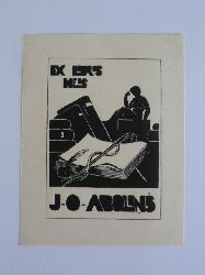 Kirs, O.:  Exlibris Meis J. O. Abolins. Motiv: Weiblicher Akt in Bibliothek sitzend 