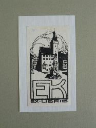 Klee, Fritz:  Exlibris EK. Motiv: Marktplatz mit Brunnen 