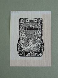 Loewenthal, Else:  Exlibris William Friedmann. Motiv: Lesende Dame vor Fabrik-Silhouette, flankiert von Blumen 