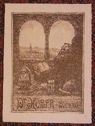 Rumm, August (1888 - 1950):  Exlibris fr Dr. Hober. Motiv: Alchemist mit Buch, aus Fenster blickend. Original-Lithographie auf Btten 