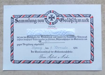   Urkunde Sammlung von Goldschmuck 1916 - Leipzig den 9. November 1916. 
