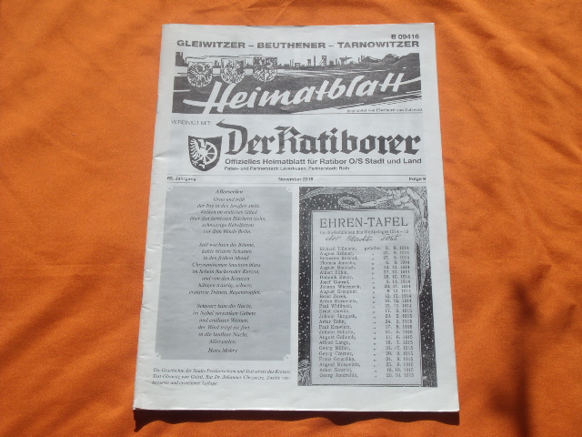   Gleiwitzer  Beuthener  Tarnowitzer Heimatblatt. Vereinigt mit: Der Ratiborer. 65. Jahrgang. November 2016. Folge 9. 