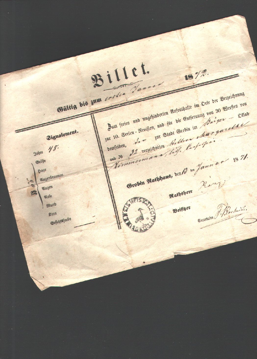 Aufenhaltsbillet  Billet  Zum freien und ungehinderten Aufenthalt .. Stadt Grobina 1870 
