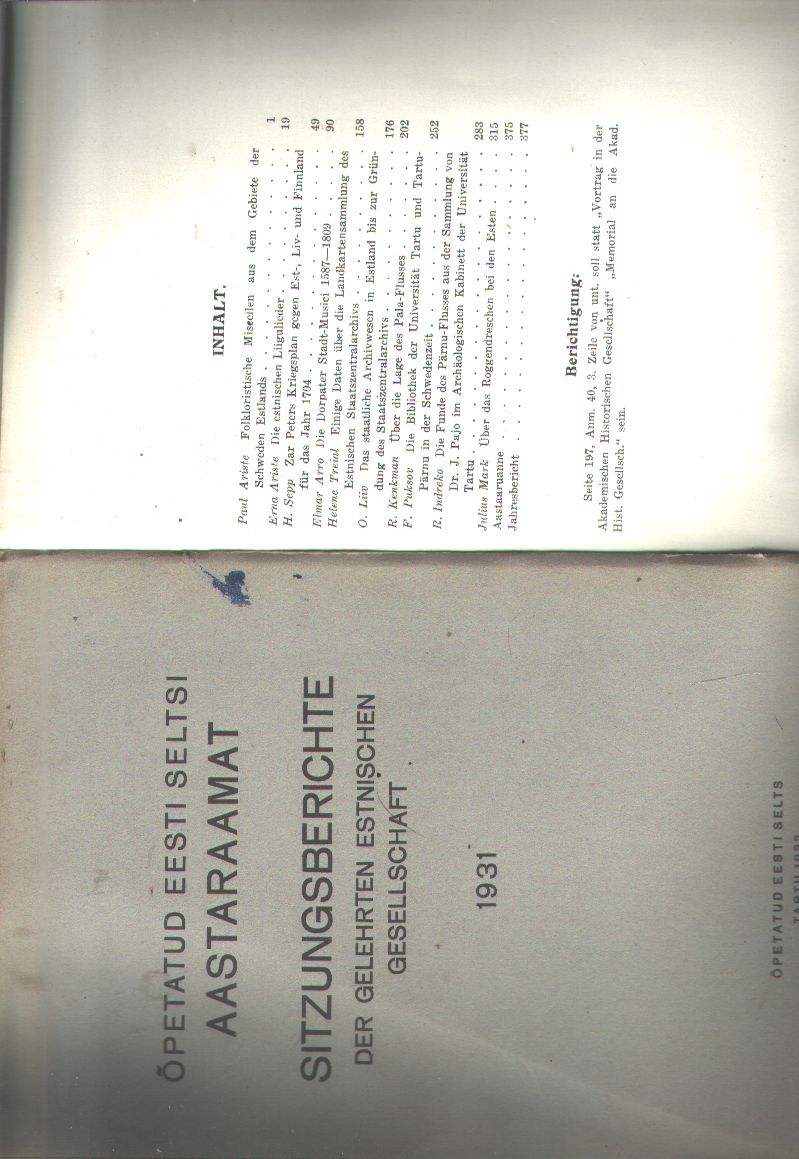 Ariste, Sepp, Arro, Treial, Liiv, Kenkman, Puksov, Indreko, Mark  Sitzungsberichte der Gelehrten Estnischen Gesellschaft 1931 