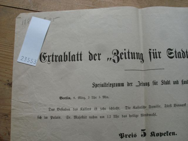Extrablatt der Zeitung für Stadt und Land  Spezialtelegramm Riga 25. Feb. 1888 