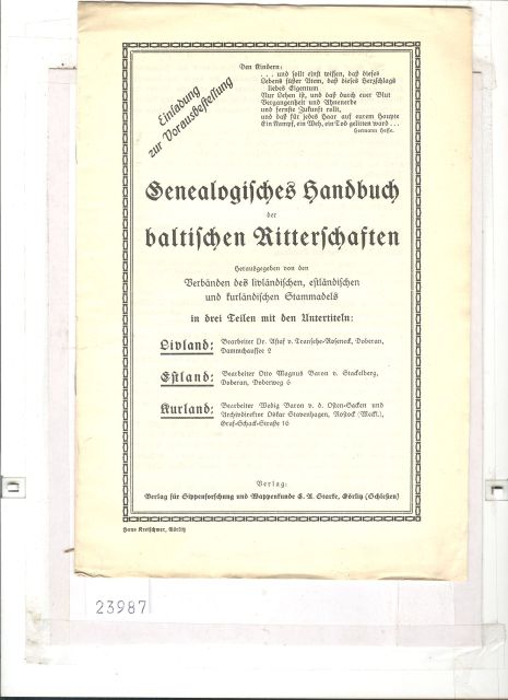 .  Vorankündigung  Genealogisches handbuch der baltischen Ritterschaften 