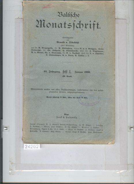 Kleinenberg, Engelmann, Schröder, Glasenapp  Baltische Monatsschrift Heft 1 49. Band 