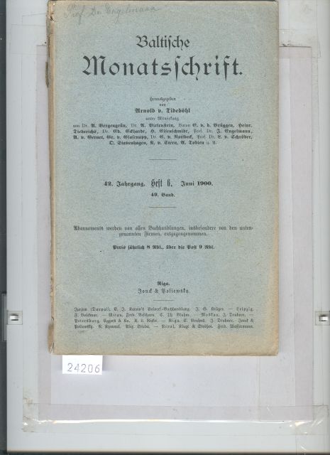 Loewenthal, Bienemann,   Baltische Monatsschrift Heft 6 49. Band 