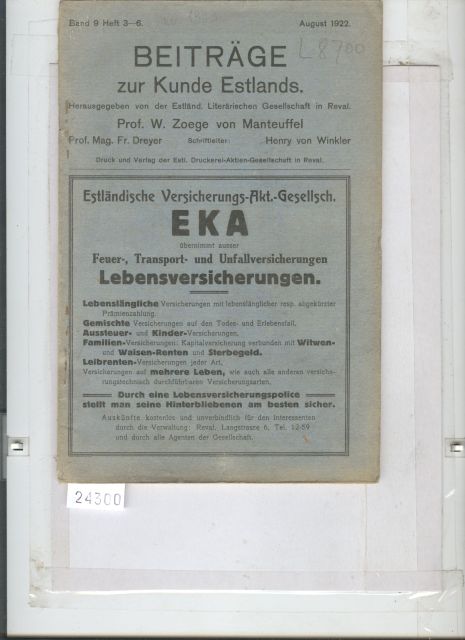 Prof W. Zpege von Manteuffel  Beiträge zur Kunde Estlands Heft 3-6 1922 