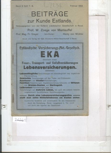 Prof W. Zoege von Manteuffel  Beiträge zur Kunde Estlands Heft 7-8 1922 