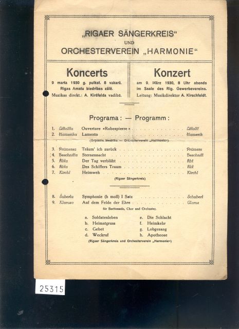 "."  Rigaer Sängerkreis und Orchesterverein Harmonie  Konzert am 9. März 