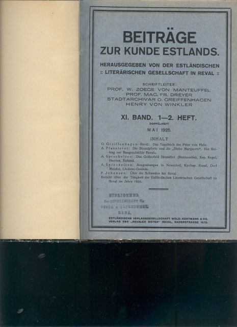 "."  Beiträge zur Kunde Estlands 11. Band 1. Heft - 5. Heft 