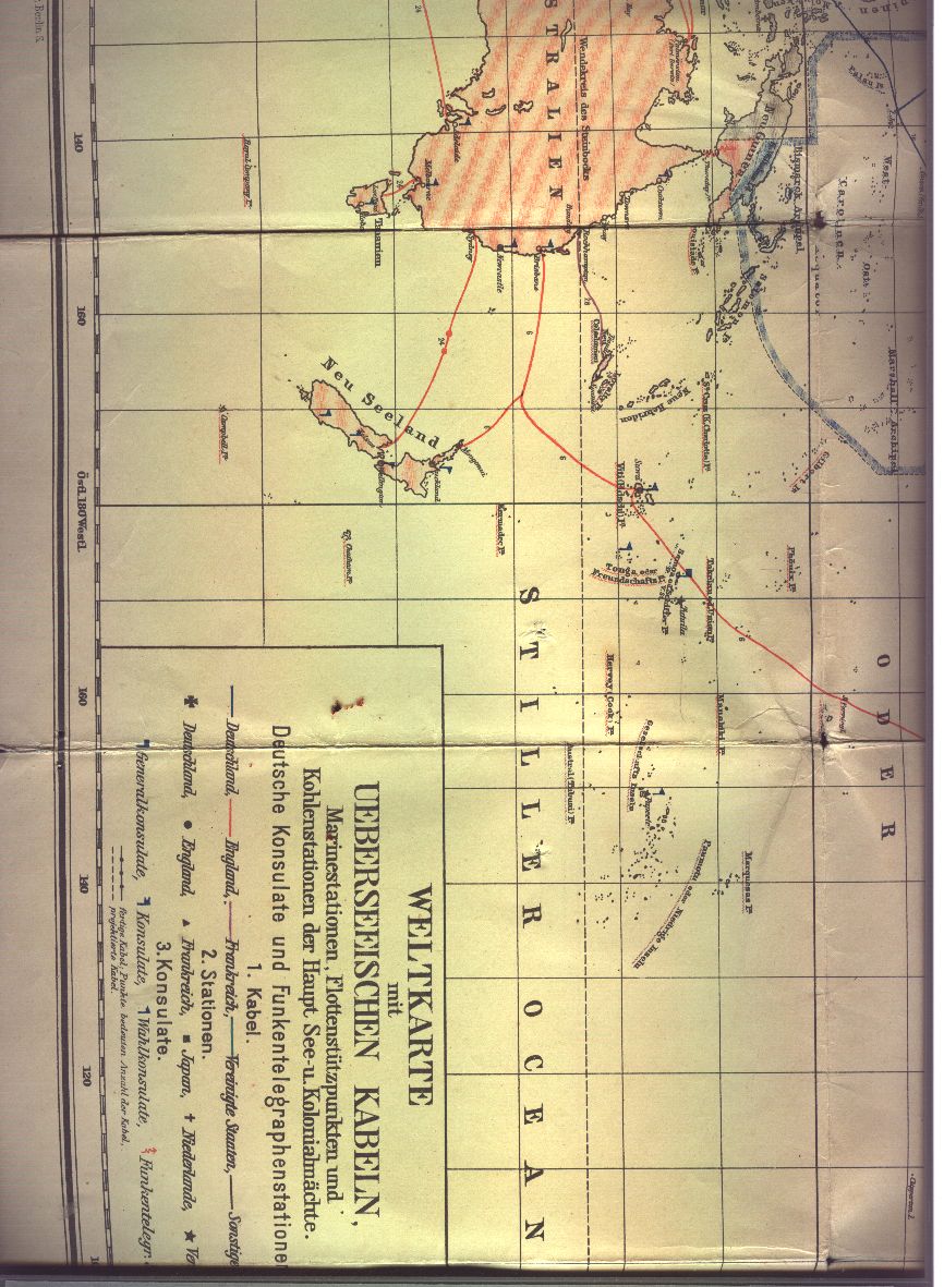 "."  Weltkarte mit unterseeischen Kabeln 1907 