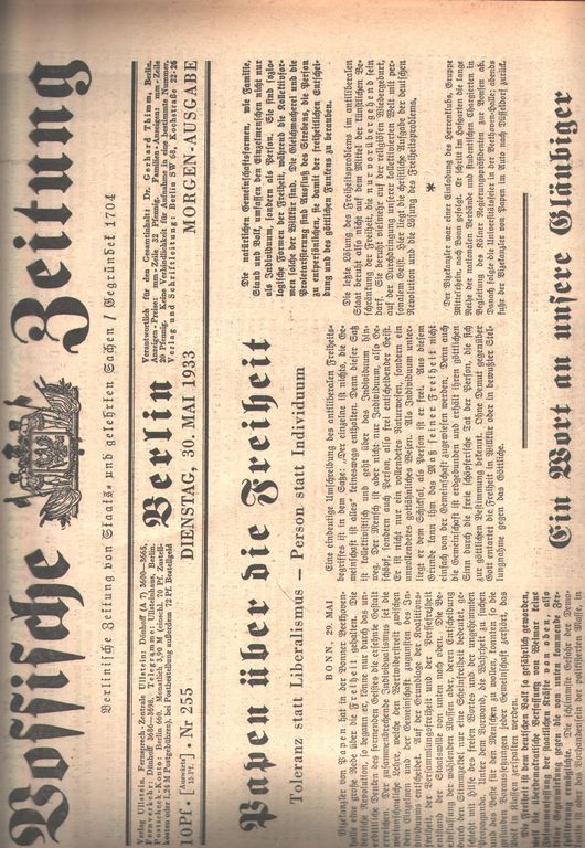 "."  Vossische Zeitung Nr. 255,257 und 159 drei Morgenausgaben vom 30.,31. Mai und 1. Juni 1933 