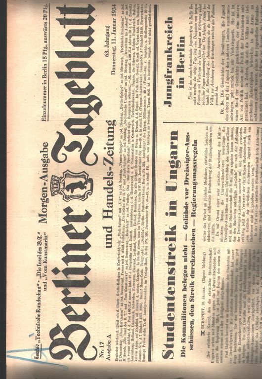 "."  Berliner Tageblatt Nr. 17- Nr. 23  Januar des 63. Jahrgangs 