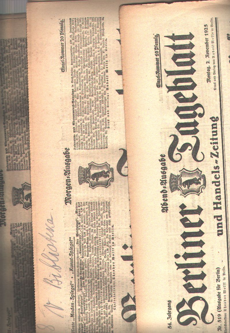 3 Berliner Zeitungen von 1925  Berliner Tageblatt 54. Jahrgang Nr. 518 - 520 