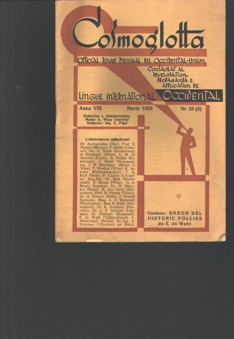 E. de Wahl  Cosmoglotta  Official Revue Mensual des Occidental - Union  Annu VIII Marte 1929  Nr. 58 