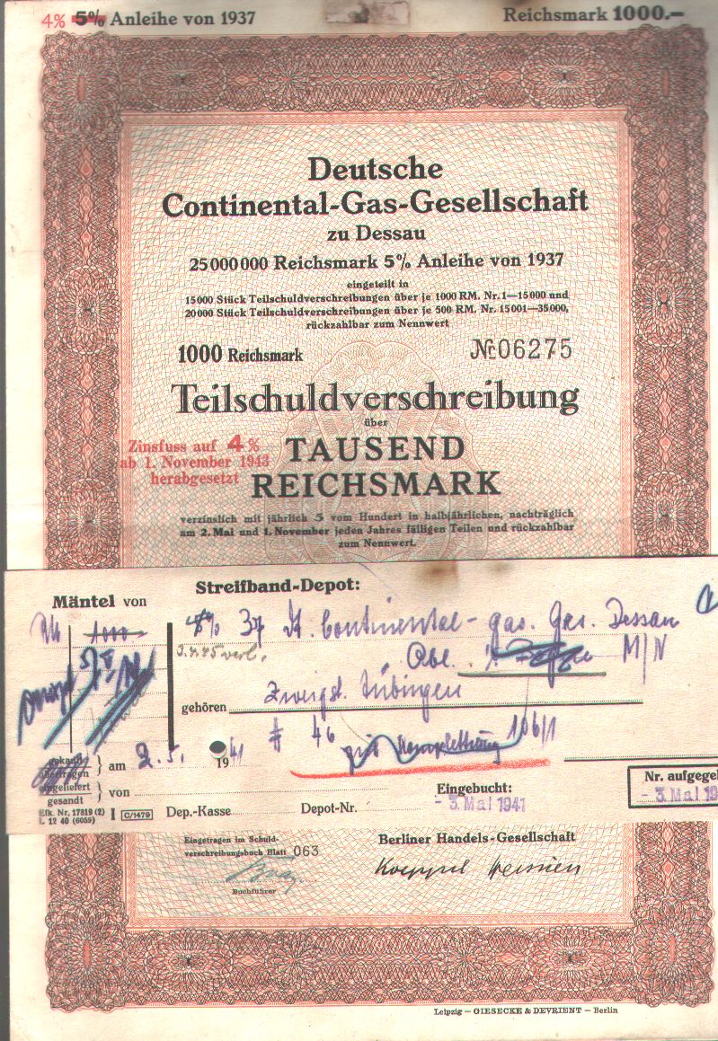 "."  Deutsche Continental - Gas - Gesellschaft zu Dessau Teilschuldverschreibung über 1000 Reichsmark 