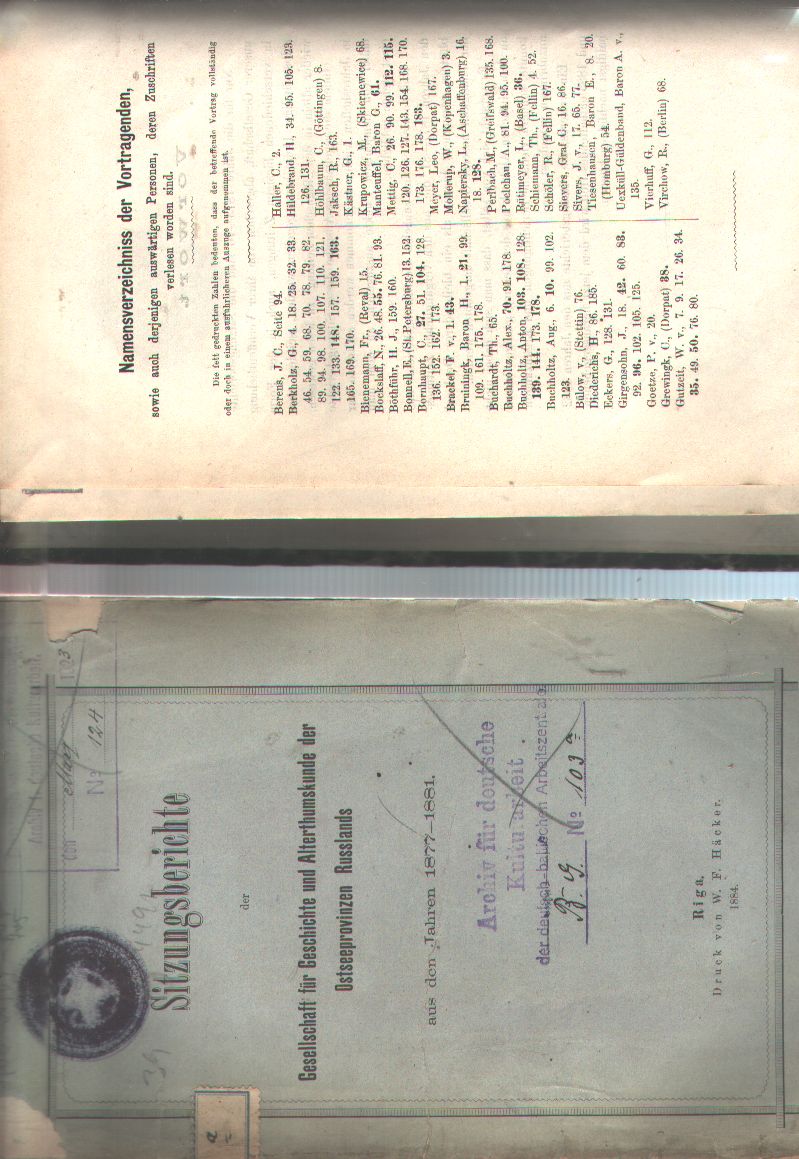 "."  Sitzungsberichte der Gesellschaft für Geschichte und Alterthumskunde der Ostseeprovinzen Russlands aus den Jahren 1877 - 1881 