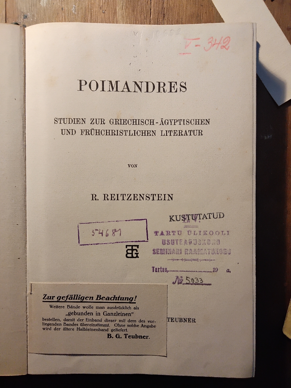 Reitzenstein  Poimandres   Studien zur Griechisch-Ägyptischen und Frühchristlichen Literatur 