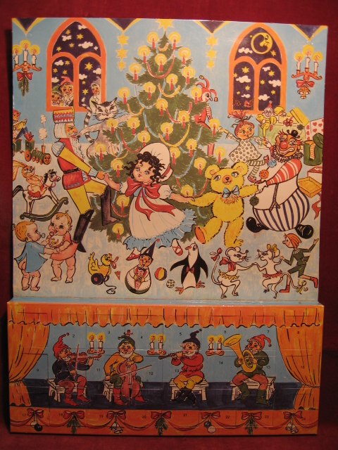   Adventskalender zum Selbstbefüllen "Puppen und Spielzeug tanzen um den Weihnachtsbaum ". 