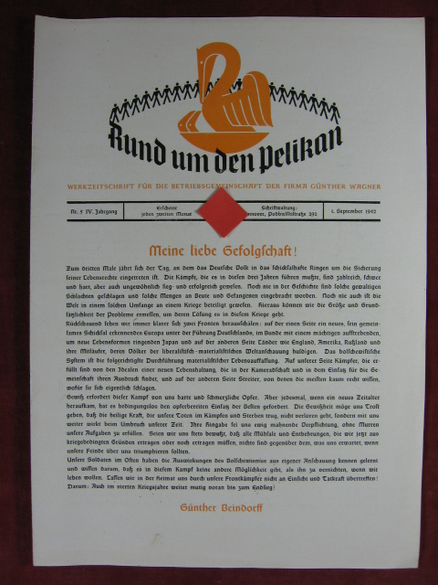   Rund um den Pelikan. Werkzeitschrift für die Betriebsgemeinschaft der Firma Günther Wagner. 4. Jahrgang, Nr. 5. 