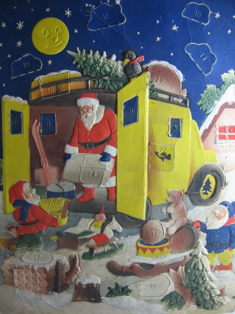   Adventskalender aus Prägepappe " Weihnachtsmann kommt im Postauto ". 