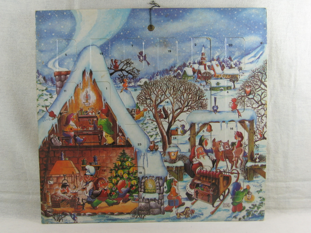 Streller:  Adventskalender / Füllkalender: Weihnachtsmann mit Zwergen packt den Schlitten. 
