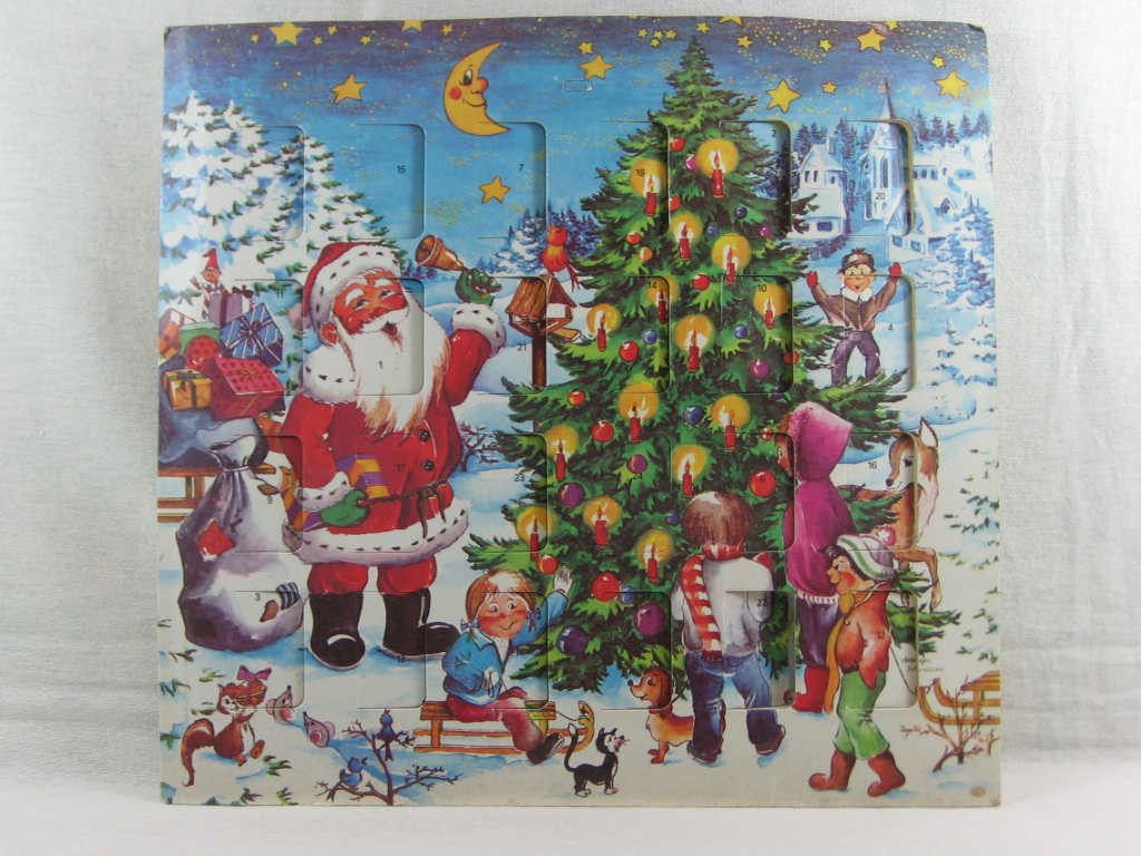 Streller:  Adventskalender / Füllkalender: Weihnachtsmann läutet zur Bescherung am Weihnachtsbaum. 